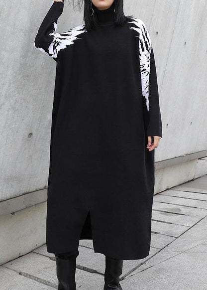 Christmas Black Weaving Flowers Sweater High Neck Daily Knit Dress