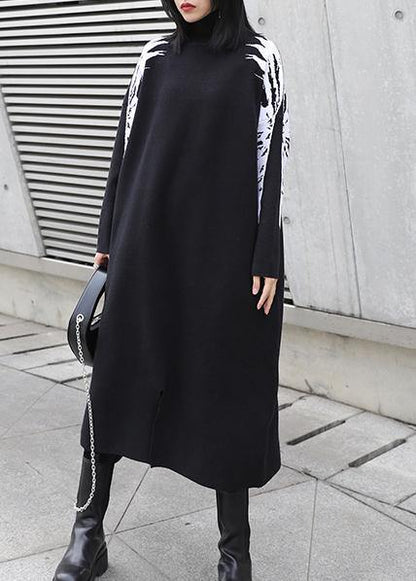 Christmas Black Weaving Flowers Sweater High Neck Daily Knit Dress