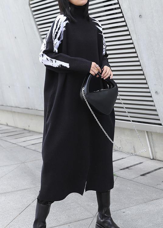 Christmas Black Weaving Flowers Sweater High Neck Daily Knit Dress