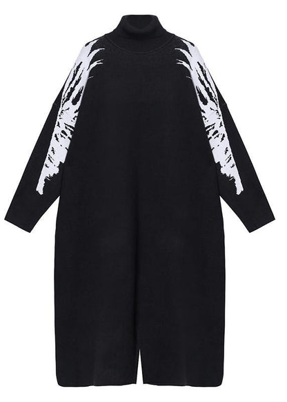 Christmas Black Weaving Flowers Sweater High Neck Daily Knit Dress
