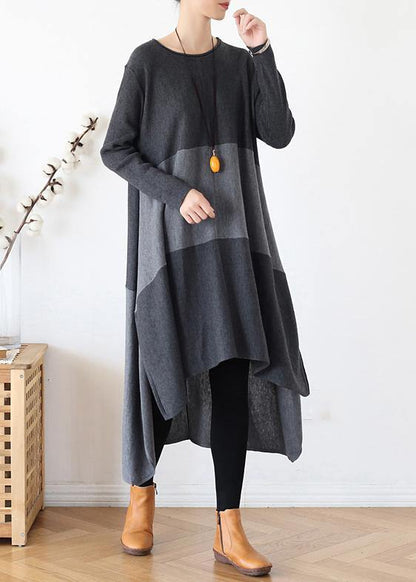 Christmas Gray Sweater Outfits Street Style O Neck Patchwork Largo Fall Knit Dresses