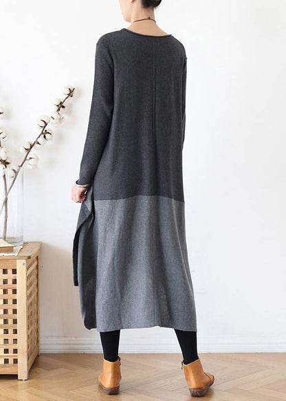 Christmas Gray Sweater Outfits Street Style O Neck Patchwork Largo Fall Knit Dresses