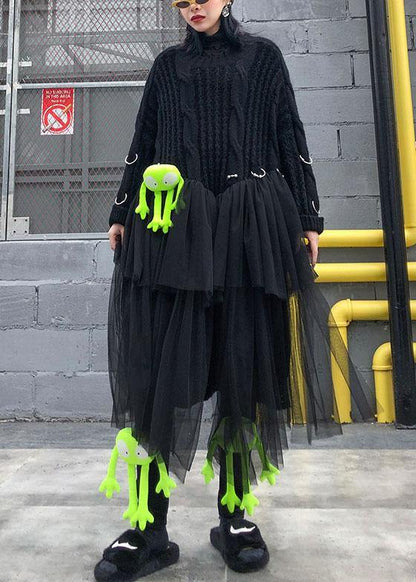 Christmas High Neck Patchwork Tulle Sweater Spring Black Baggy Knit Dresses