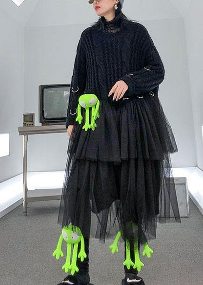 Christmas High Neck Patchwork Tulle Sweater Spring Black Baggy Knit Dresses