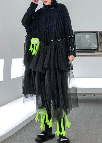 Christmas High Neck Patchwork Tulle Sweater Spring Black Baggy Knit Dresses