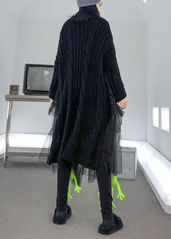 Christmas High Neck Patchwork Tulle Sweater Spring Black Baggy Knit Dresses