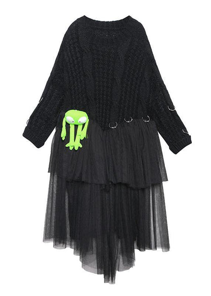 Christmas High Neck Patchwork Tulle Sweater Spring Black Baggy Knit Dresses