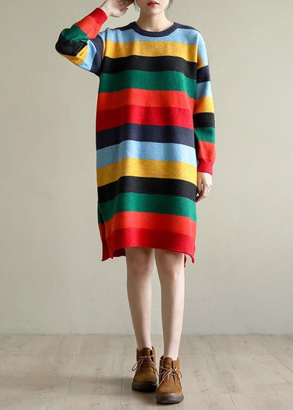 Christmas Rainbow Striped Sweater Knit Top Pattern Moda Side Open Oversized Spring Knitted Tops