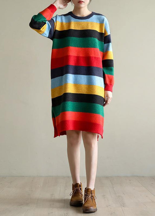 Christmas Rainbow Striped Sweater Knit Top Pattern Moda Side Open Oversized Spring Knitted Tops