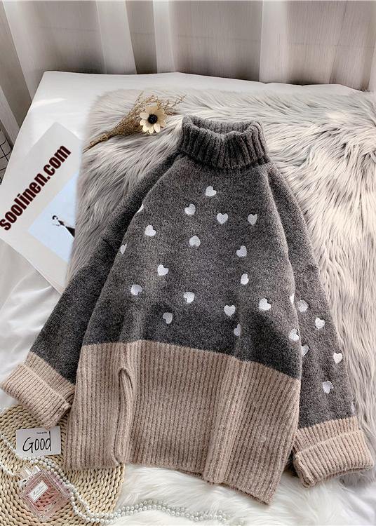 Chunky Gray Heart Print Knit Tops Oversize High Neck Patchwork Knitted Top