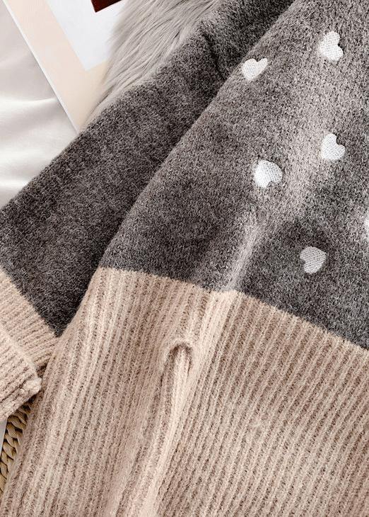 Chunky Gray Heart Print Knit Tops Oversize High Neck Patchwork Knitted Top