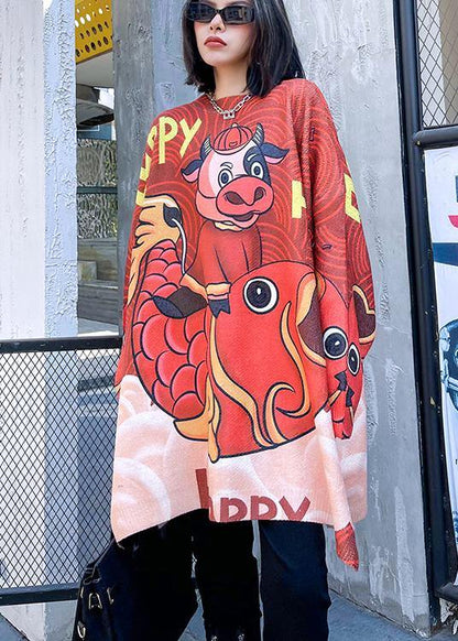 Chunky Red Cartoon Knit Blouse O Neck Knitwear