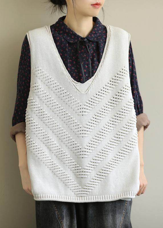 Chunky Beige Fall V Neck Sleeveless Knitwear