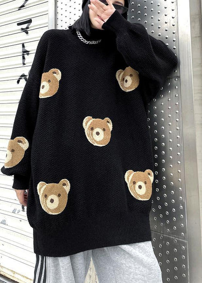 Chunky Black Bear Design Knit Tops O Neck Silhouette Knit Top