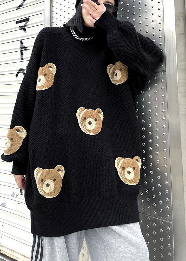 Chunky Black Bear Design Knit Tops O Neck Silhouette Knit Top