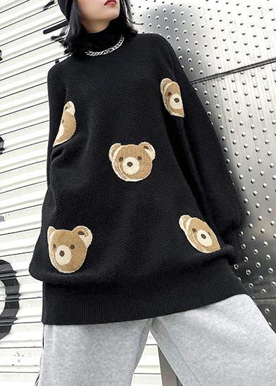 Chunky Black Bear Design Knit Tops O Neck Silhouette Knit Top