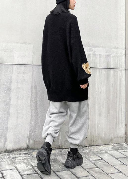 Chunky Black Bear Design Knit Tops O Neck Silhouette Knit Top