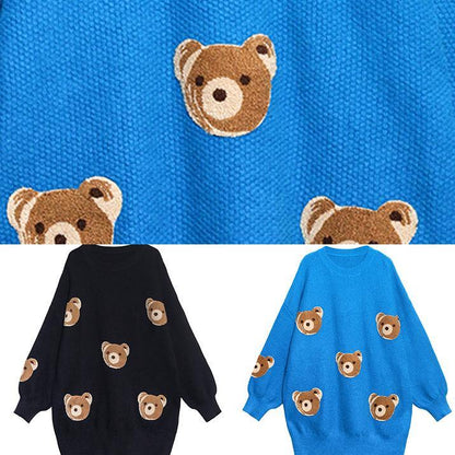 Chunky Black Bear Design Knit Tops O Neck Silhouette Knit Top