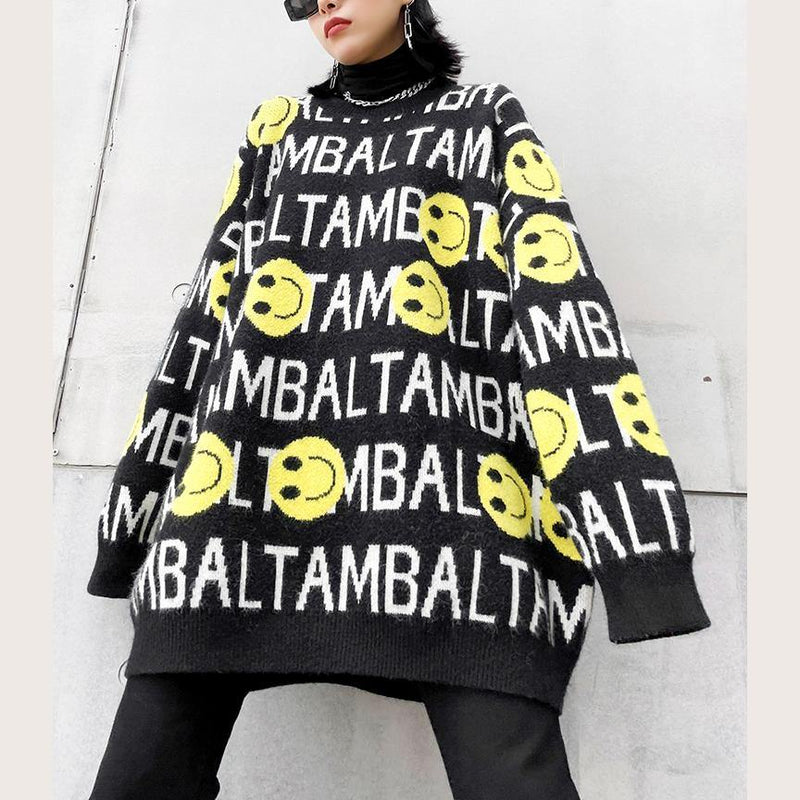 Chunky Black Letter Crane Tops O Neck Knitted Blouse