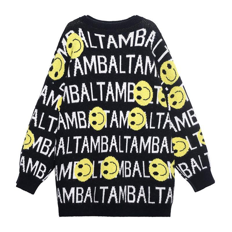 Chunky Black Letter Crane Tops O Neck Knitted Blouse
