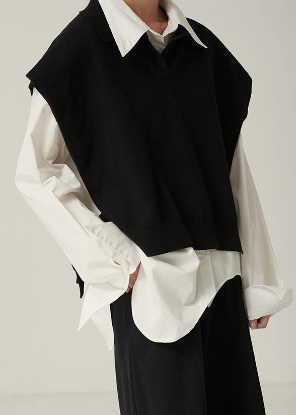Chunky Black Knitwear Clothing Lapel Sleeveless Tops