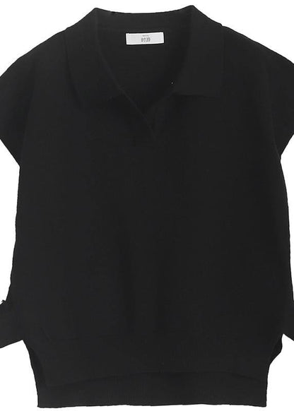 Chunky Black Knitwear Clothing Lapel Sleeveless Tops