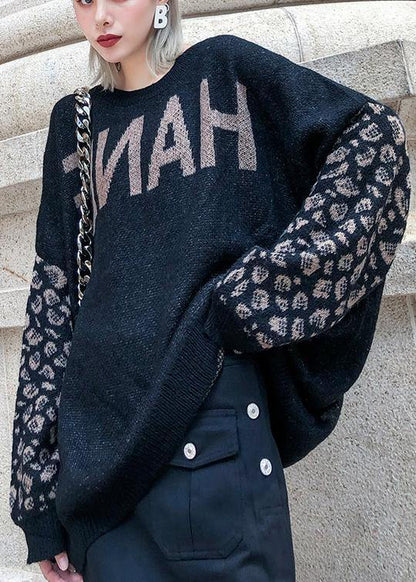Chunky Black Print Knit Tops Clothing O Neck Patchwork Knit Tops