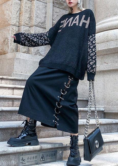 Chunky Black Print Knit Tops Clothing O Neck Patchwork Knit Tops
