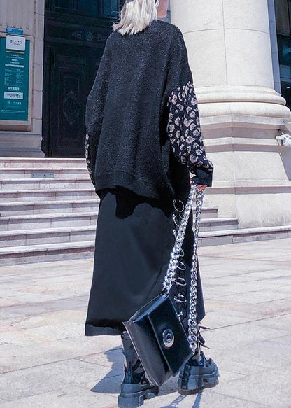 Chunky Black Print Knit Tops Clothing O Neck Patchwork Knit Tops
