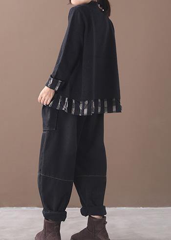 Chunky Black Sweater Tops False Two Pieces Oversized O Neck Knitted Blouse