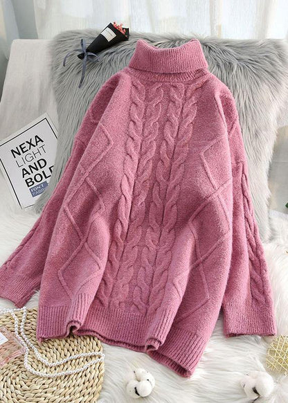 Chunky Blue Knit Tops Cable High Neck Knitwear