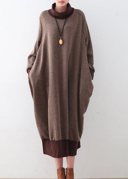 Chunky Brown Sweater Dresses Loose Fitting Pullover Boutique High Neck Winter Dress Patchwork