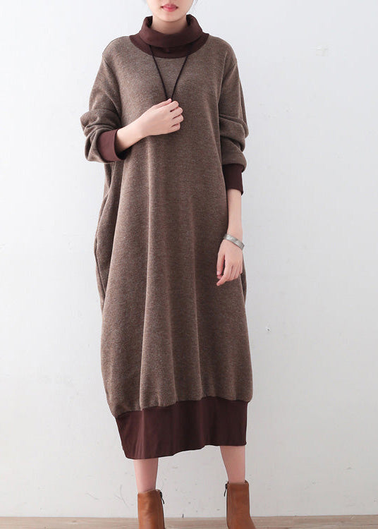 Chunky Brown Sweater Dresses Loose Fitting Pullover Boutique High Neck Winter Dress Patchwork