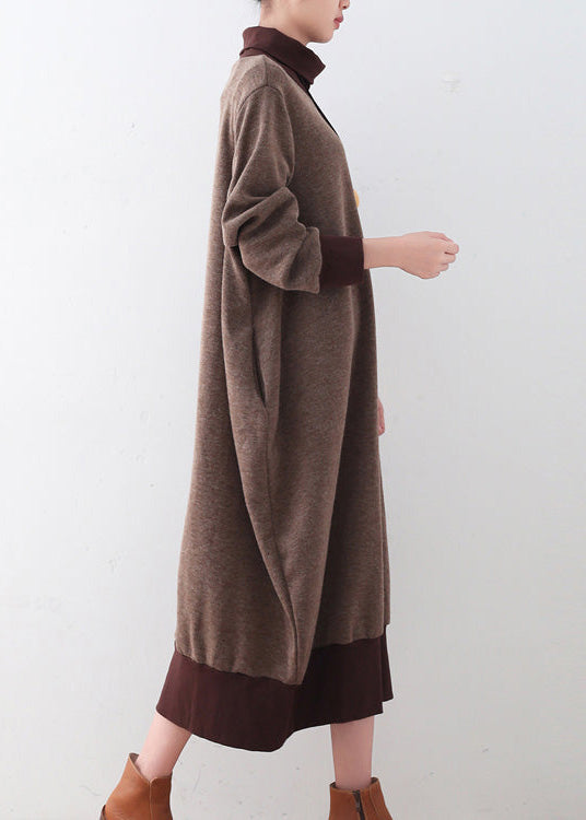 Chunky Brown Sweater Dresses Loose Fitting Pullover Boutique High Neck Winter Dress Patchwork
