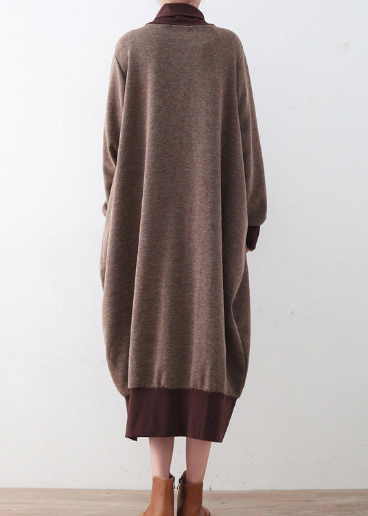 Chunky Brown Sweater Dresses Loose Fitting Pullover Boutique High Neck Winter Dress Patchwork