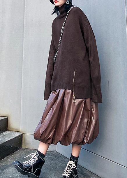 Chunky Chocolate Crane Tops High Neck Batwing Sleeve Knitwear