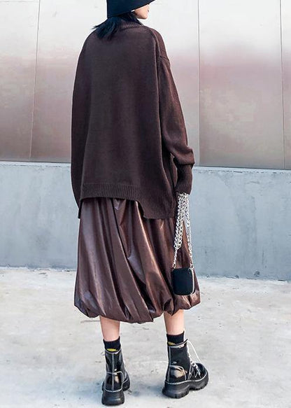 Chunky Chocolate Crane Tops High Neck Batwing Sleeve Knitwear