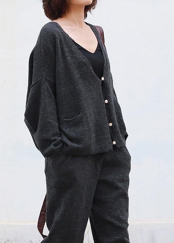 Chunky Dark Gray Knit Jacket V Neck Knitwear Pockets
