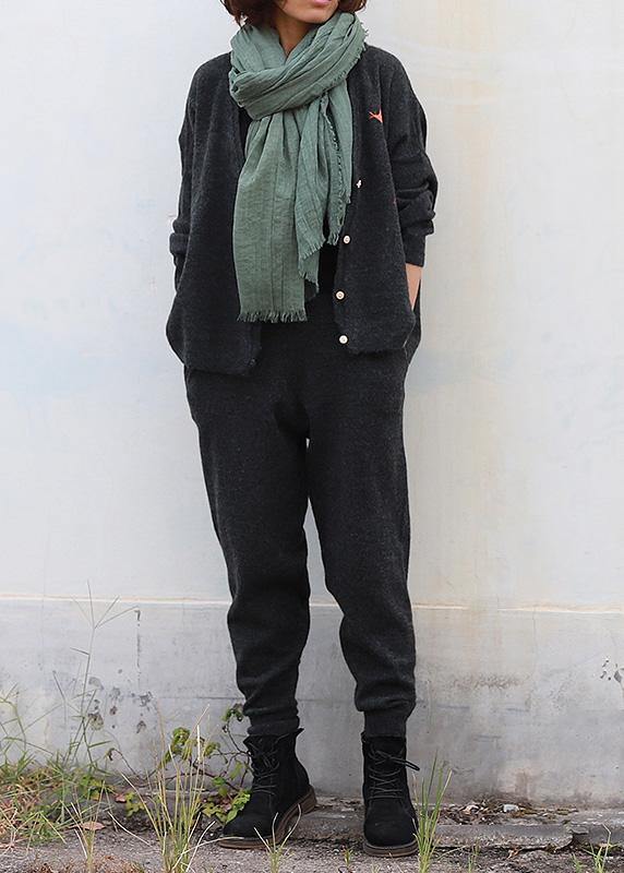Chunky Dark Gray Knit Jacket V Neck Knitwear Pockets