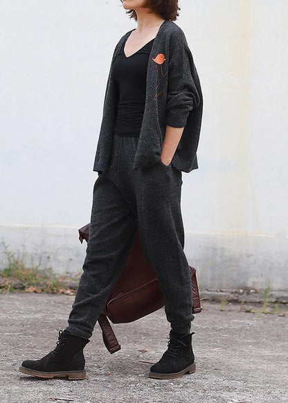 Chunky Dark Gray Knit Jacket V Neck Knitwear Pockets