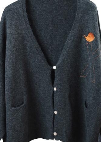 Chunky Dark Gray Knit Jacket V Neck Knitwear Pockets