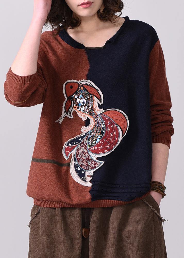 Chunky Dark Red Patchwork Navy Sweater Fall Appliques Sweaters O Neck