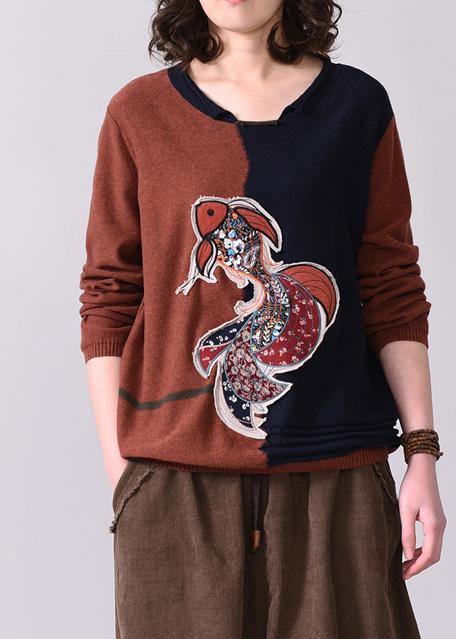 Chunky Dark Red Patchwork Navy Sweater Fall Appliques Sweaters O Neck