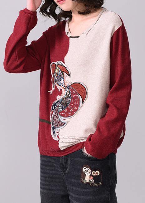 Chunky Dark Red Patchwork Navy Sweater Fall Appliques Sweaters O Neck