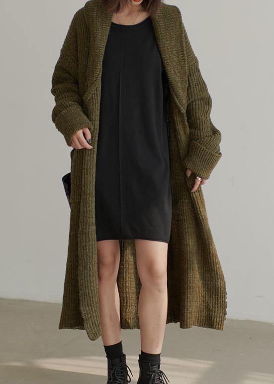 Chunky Fall Knit Sweat Tops Army Green V Neck Pockets Cardigan