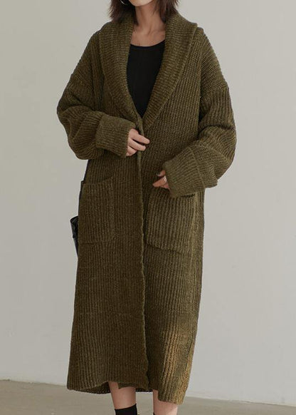 Chunky Fall Knit Sweat Tops Army Green V Neck Pockets Cardigan