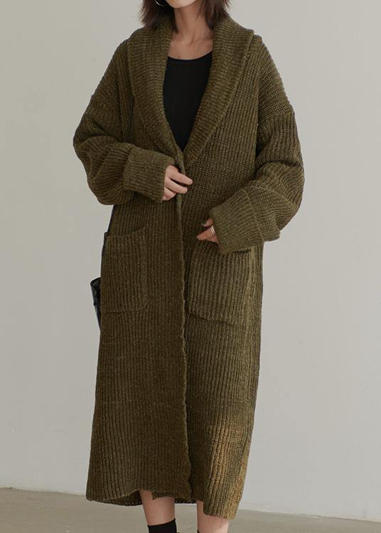 Chunky Fall Knit Sweat Tops Army Green V Neck Pockets Cardigan