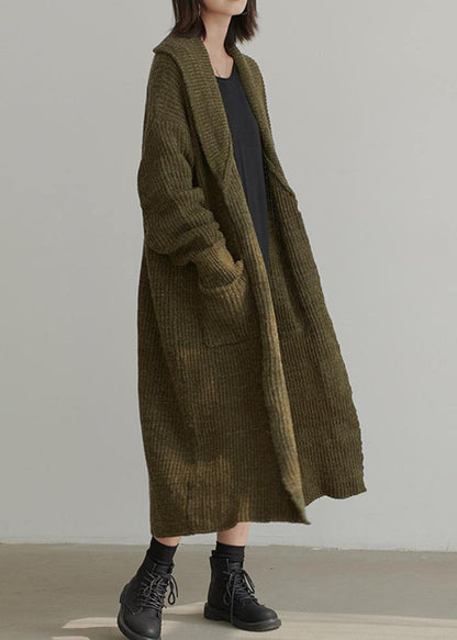 Chunky Fall Knit Sweat Tops Army Green V Neck Pockets Cardigan