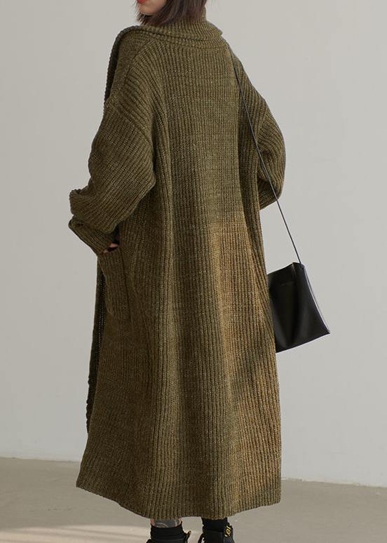 Chunky Fall Knit Sweat Tops Army Green V Neck Pockets Cardigan