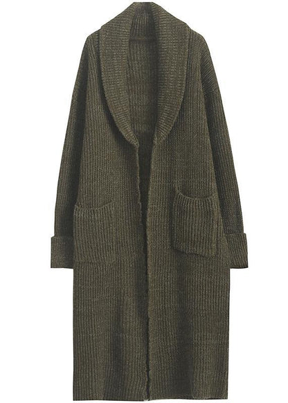 Chunky Fall Knit Sweat Tops Army Green V Neck Pockets Cardigan